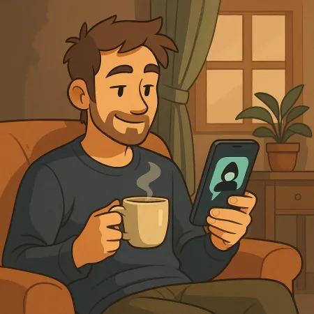 A bearded man sitting comfortably in an armchair, holding a steaming cup of coffee in one hand and a smartphone in the other. He smiles while looking at the screen, where an anonymous silhouette is displayed. The interior ambiance is cozy, with a plant, a curtain, and a window in the background.