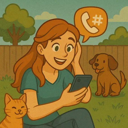 A red-haired woman sitting on the grass in a garden, smiling while looking at her smartphone. An orange cat is cuddled against her and a brown dog is sitting nearby. A speech bubble containing a phone icon and a hashtag floats above her, suggesting a phone conversation.