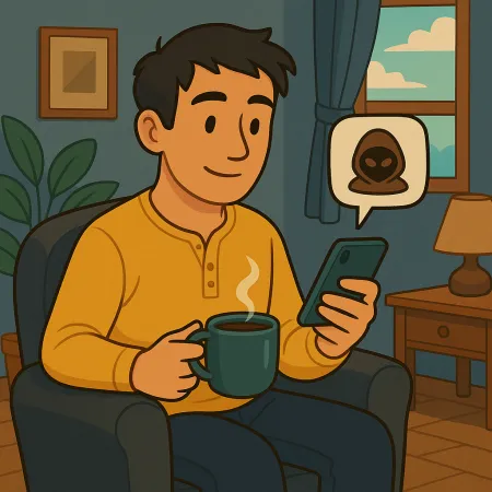 Man sitting comfortably in a chair, holding a steaming cup of coffee and looking at his smartphone, with a message bubble displaying an anonymous mask icon or hacker, in a cozy living room with a window, lamp, and plant.