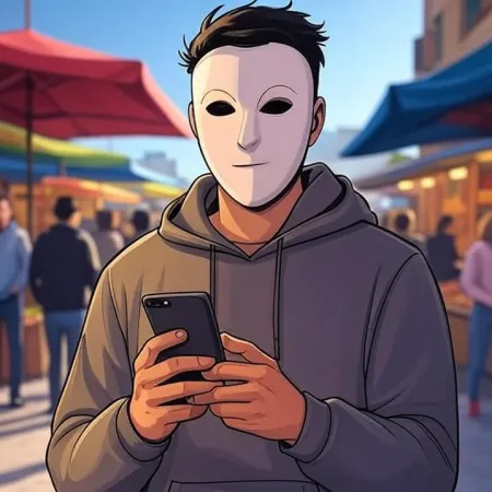 A young animated-style man wearing a white mask and a gray hoodie, looking at his phone in an outdoor market.