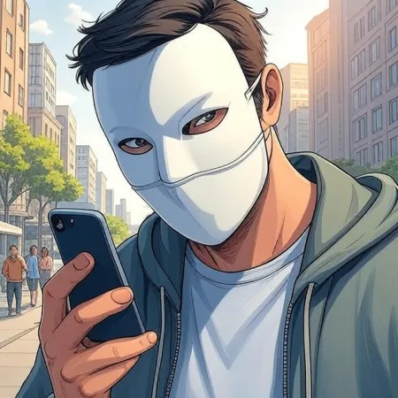 A man wearing a white mask and a hoodie looks at his mobile phone in a city street. The image is rendered in a cartoon or comic style.