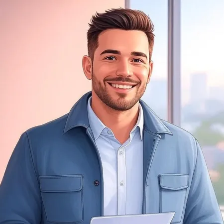 A young man smiling in smart casual attire in an office.