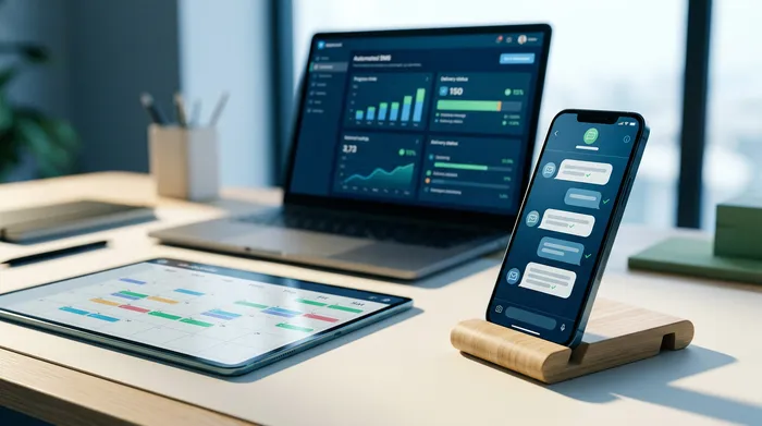 A split-screen image showing a smartphone: on the left, a messaging interface with a message scheduling option, and on the right, a reminder notification on a wooden desk.