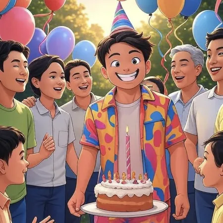 Smiling boy wearing a party hat holding a unique candle cake, surrounded by guests and colorful balloons outdoors.
