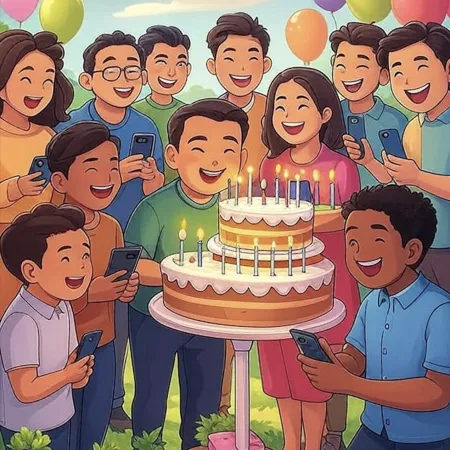 A group of smiling people surrounding a large two-tier cake with several lit candles, while taking photos with their phones.