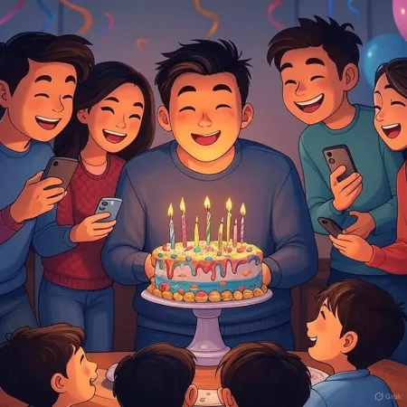 Illustration of a birthday where a smiling man holds a decorated cake with lit candles, surrounded by friends and loved ones taking photos with their phones.