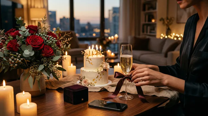 A smiling woman sitting in a modern kitchen looks at her mobile phone, while two men in the background present her with birthday cakes with lit candles.