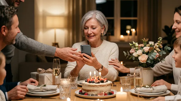 A woman in an elegant outfit prepares a glass of champagne with a ribbon during a romantic candlelight dinner, with a birthday cake and a bouquet of red roses on the table.