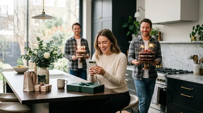 A smiling woman in a green sequined dress looks at her smartphone in front of a birthday cake decorated with candles, surrounded by friends toasting with champagne glasses at a party.
