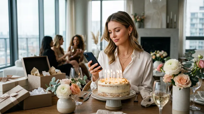 A smartphone with a blank screen placed in front of an elegant, decorated birthday cake on a party table with presents and champagne glasses.