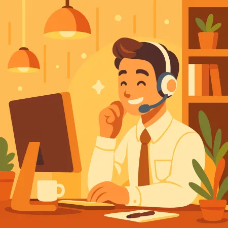 Illustration of a smiling man wearing headphones working on a desktop computer in a warm and comfortable environment with plants and a cup of coffee