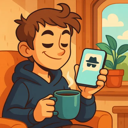 Illustration of a smiling young man sitting comfortably with a cup of coffee, holding a smartphone displaying an anonymous message icon with a hat and sunglasses.