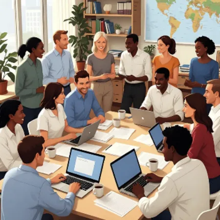 Illustration of a large diverse group of smiling colleagues gathered around a conference table with laptops, in a collaborative and cheerful work atmosphere.